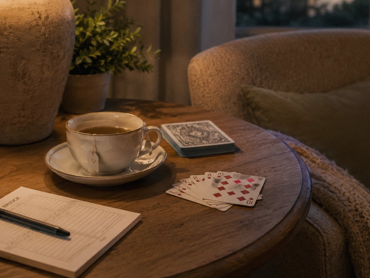 A cup of tea, a fanned bridge hand, and a score pad on an oak side table beside a bouclé armchair in warm evening light