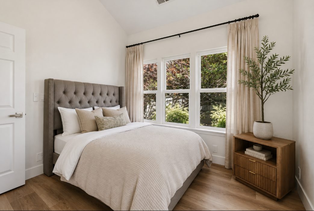 A private bedroom with a sage-banded bed, a potted olive tree, and twin windows onto the garden fence