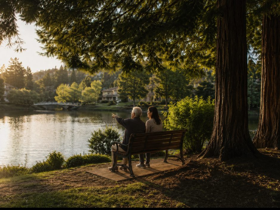 A bench beneath redwoods at the edge of Swan Lake at sunset