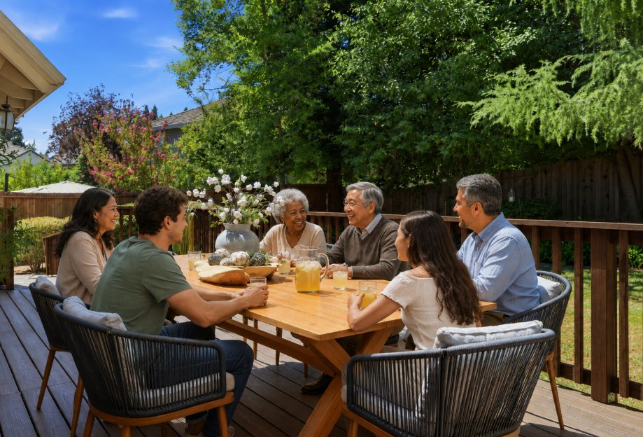 A round oak table set for dinner — stoneware plates, sage linen napkins, and upholstered armchairs in soft afternoon light
