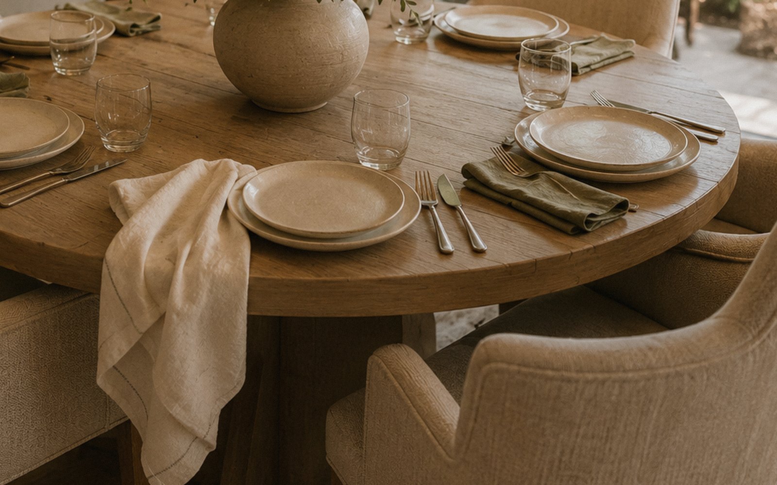 A round oak table set for dinner — stoneware plates, sage linen napkins, and upholstered armchairs in soft afternoon light