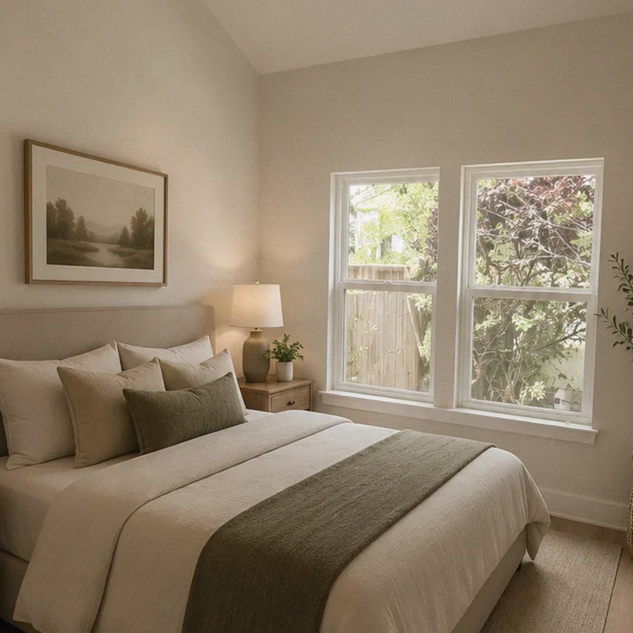 A private bedroom in cream and sage — framed landscape art, a lit table lamp, and garden windows beside the bed