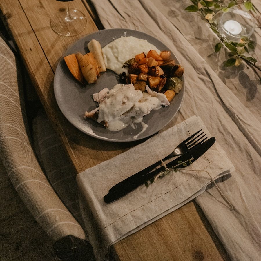 A warmly set dining table with fresh seasonal food