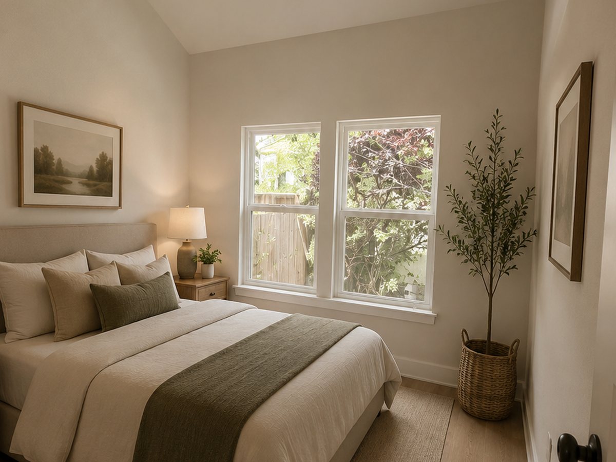 A private bedroom with a sage-banded bed, a potted olive tree, and twin windows onto the garden fence