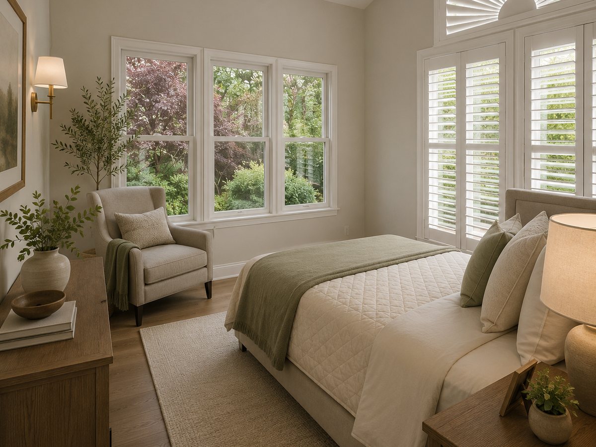 Private bedroom in cream and sage with a quilted bed, an armchair, and shuttered garden windows