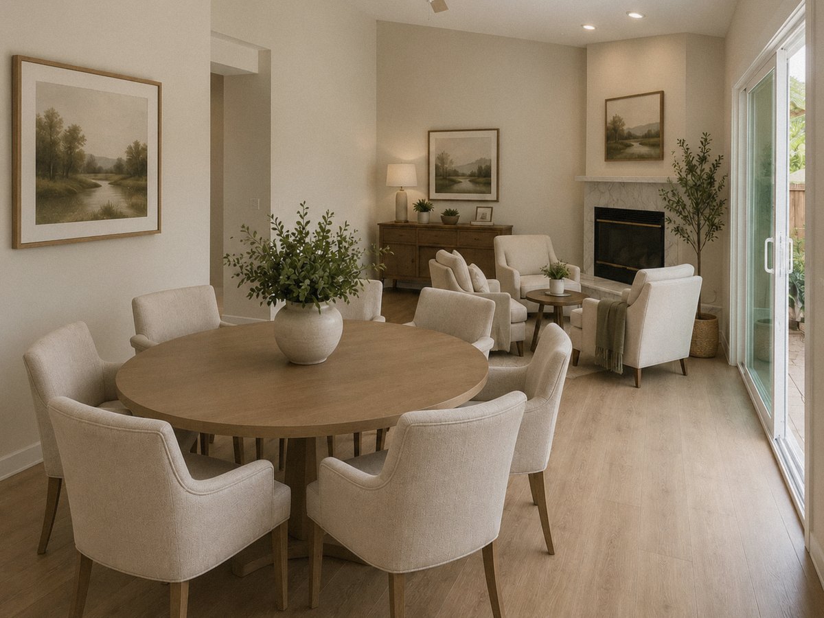 An open dining and sitting room with a round oak table, linen armchairs by a corner fireplace, and a glass slider to the garden