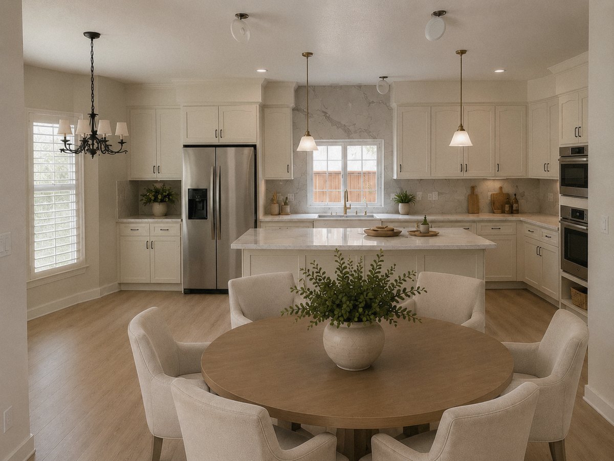 A cream kitchen with a marble island and pendant lights, opening to a round oak dining table and a sunny breakfast nook